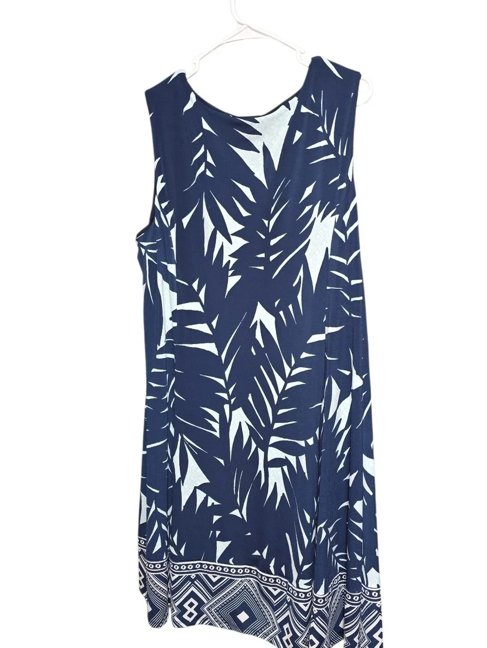 JM Collection plus size sleeveless A-line dress in navy and Lt Blue palm Print - Picture 9 of 11